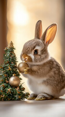 cute bunny decorating tiny Christmas tree with golden ornament