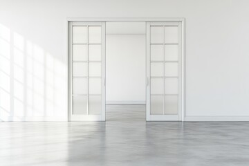 Fototapeta premium Empty room with white walls frosted doors and concrete flooring the minimalist design offers a flexible space for diverse decor options
