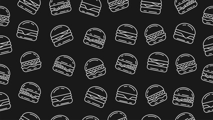 Burger background. Black and white doodle hamburger seamless pattern on black background