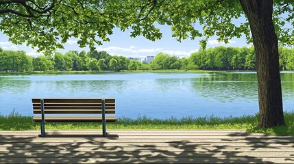 Obraz premium Serene Lakeside Park Bench on a Sunny Summer Day
