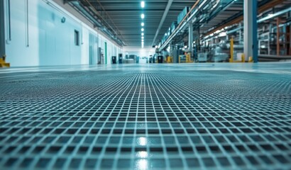 Fototapeta premium Epoxy floor with stainless steel grate in food processing warehouse
