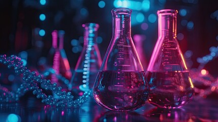 Laboratory flasks are shown on a background of DNA chains, symbolizing the intersection of science, discovery, and the molecular processes that form the foundation of life itself.