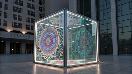 Glass Cube with refraction effect. Colorful glass reflections. 3d rendering illustration.