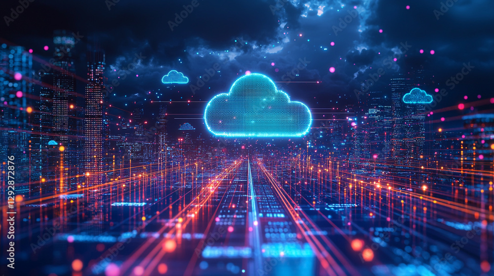 Poster digital cityscape with illuminated cloud computing network red sky data glow blue neon cyber lines