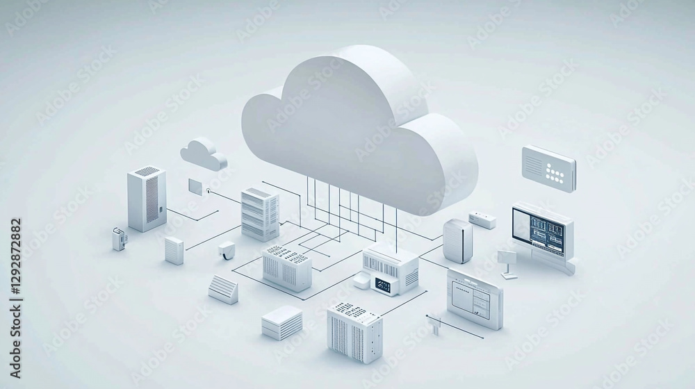 Poster modern cloud computing network infrastructure digital technology server 3d data white clean online
