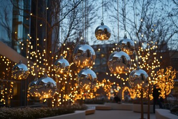 Obraz premium Large silver ornaments hang among twinkling lights. Perfect for holiday, winter, or festive themes.