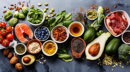 A selection of healthy foods and superfoods like salmon, avocado, nuts, and greens, arranged for a balanced, nutritious diet..