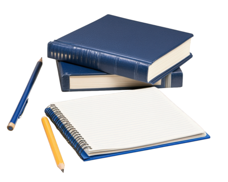 Organized study desk with notebooks, blue books, and pencils for students. Perfect for creating productive workspace filled with learning materials