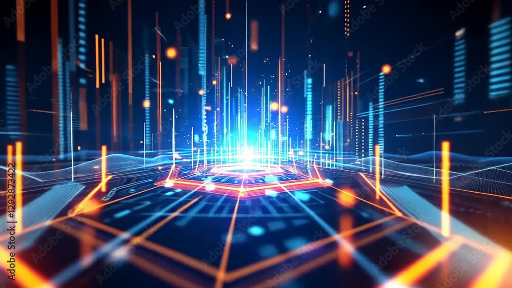 Poster futuristic digital interface with dynamic energy flow and neon data streams