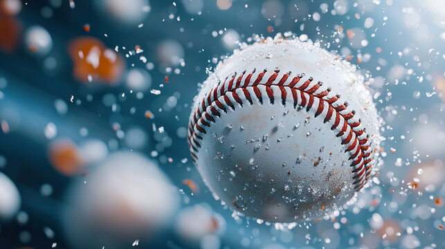 A baseball in mid-air, covered with frost, is dramatically captured in motion, evoking speed, freeze, and excitement.
