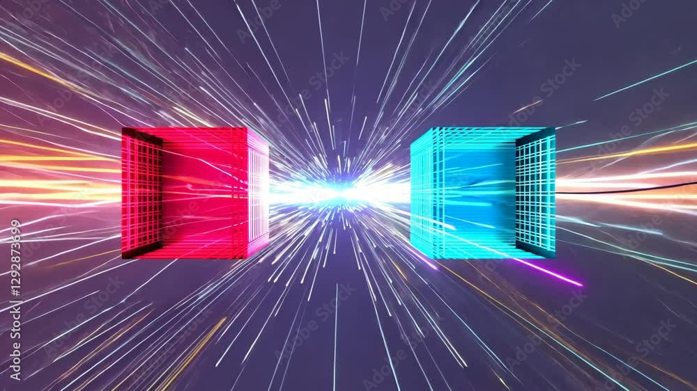 Poster dynamic energy flow between two neon blocks with colorful light trails and sparks