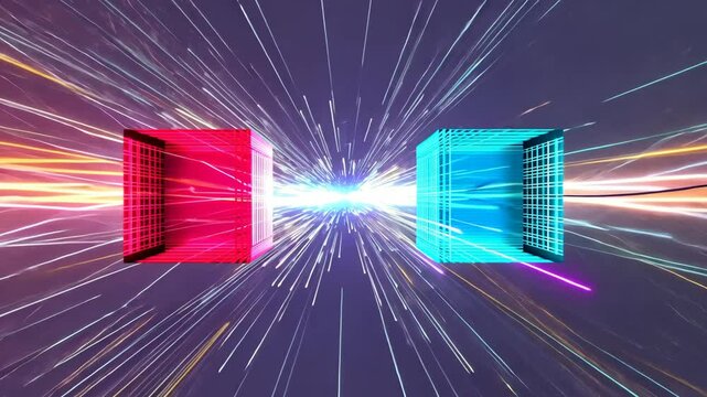 Dynamic energy flow between two neon blocks with colorful light trails and sparks