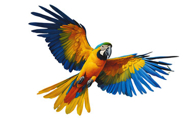 Fototapeta premium Vibrant Macaw in Flight – Bright Colors Against Transparent Background