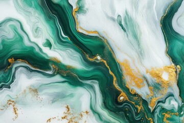 Epoxy resin artwork featuring green white and gold marble swirls Modern abstract design with a liquid like backdrop