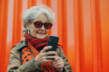 Fototapeta premium Portrait of happy fashionable senior woman using mobile phone. Technology and lifestyle concept