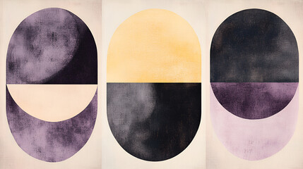 Minimalist Abstract Art with Lilac, Dark Gray, and Pale Yellow, Mid-Century Modern Design with Watercolor Geometric Forms
