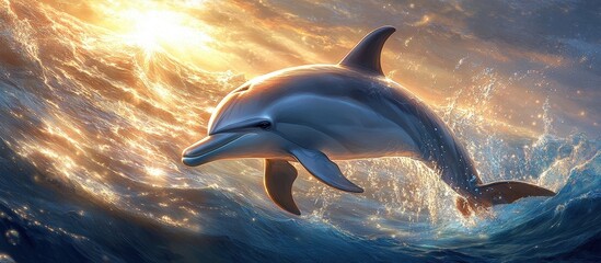 Majestic Dolphin Leaping Through Sunlit Ocean Waves at Sunset Capturing Nature's Beauty and Graceful Movement