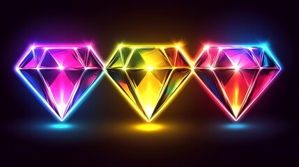 Three Neon Glowing Diamonds Arranged In A Row