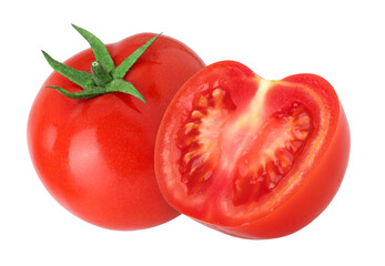 Red tomatoes and half isolated, transparent PNG, PNG format, Juicy tomatoes