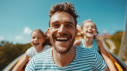 Joyful Father and Daughters on Roller Coaster Ride, Smiles and Laughter in Amusement Park Setting