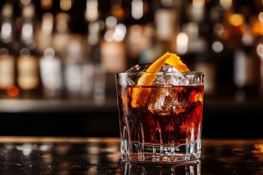 Espresso Negroni cocktail with dry gin red vermouth bitters espresso coffee liqueur orange zest and ice Black bar background with tools and bottles