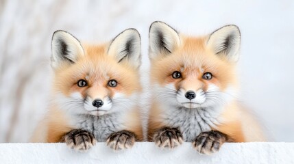 Obraz premium Two red fox kits peering over a wall, snowy background, wildlife photography, nature