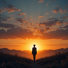Obraz premium Sunset Silhouette: Person Walking Towards Sun isolated on transparent background