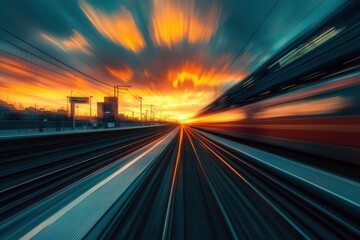 Obraz premium Dynamic Motion Blur of a High-Speed Train at Sunset Capturing Vibrant Colors and Energy on a Modern Railway Platform