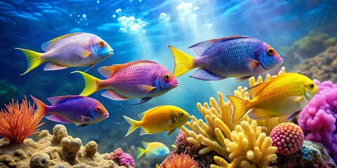 Fototapeta premium Vibrant Reef Inhabitants Swimming Amongst Colorful Coral and Sea Flora in a Sunlit Underwater Scene