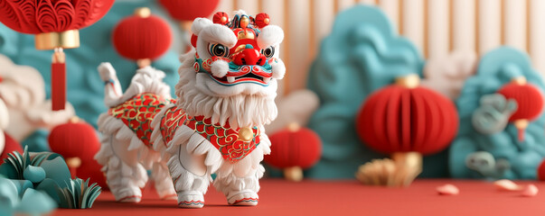 A vibrant lion dance figure symbolizing prosperity and celebration in festivities.
