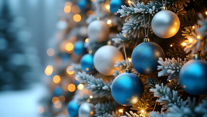 Elegant silver and blue ornaments adorning a snow-dusted Christmas tree, creating a magical winter atmosphere.