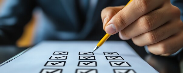 Businessman reviewing company articles of association, ticking checkboxes in virtual document for policies, practices, and terms and conditions