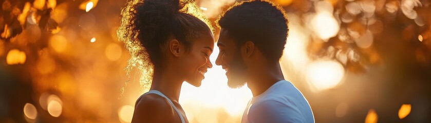 Romantic Couple Embracing at Sunset with Warm Autumn Colors and Golden Sunlight in the Background