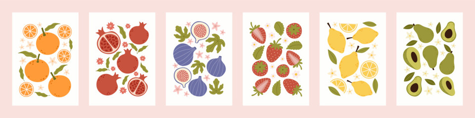 Set of different interior posters with fruits and berries. Orange, pomegranate, fig, strawberry, lemon, avocado. Vintage modern print art. Naive hand drawn vector illustration