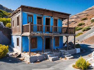 beautiful abandoned blue house on island