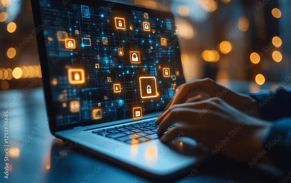 Poster Businessman using laptop to select security icon on virtual screen, ensuring data protection, cyber security, privacy, and networking technology for business internet