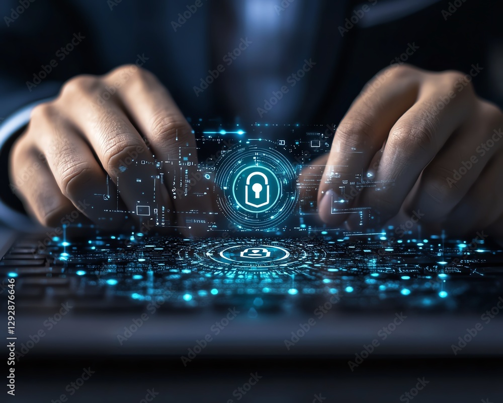 Poster businessman using laptop to click security icon on virtual screen, focusing on data protection, priv
