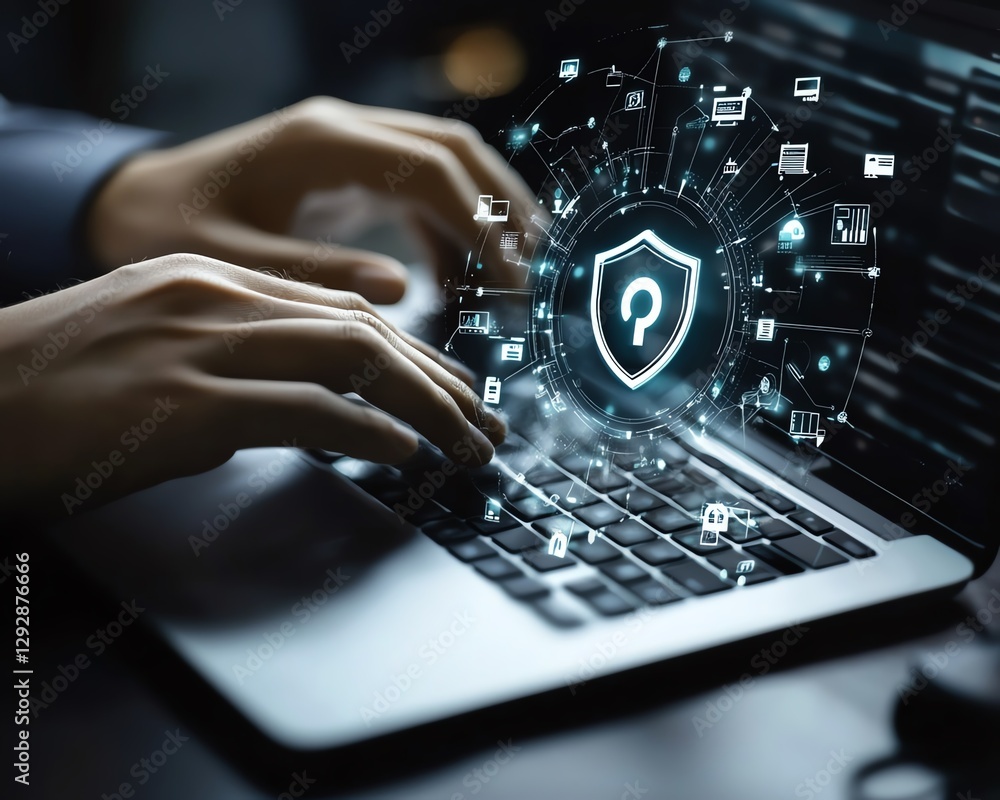 Aufkleber Businessman using laptop to click security icon on virtual screen, focusing on data protection, privacy, and cyber security in business networking technology