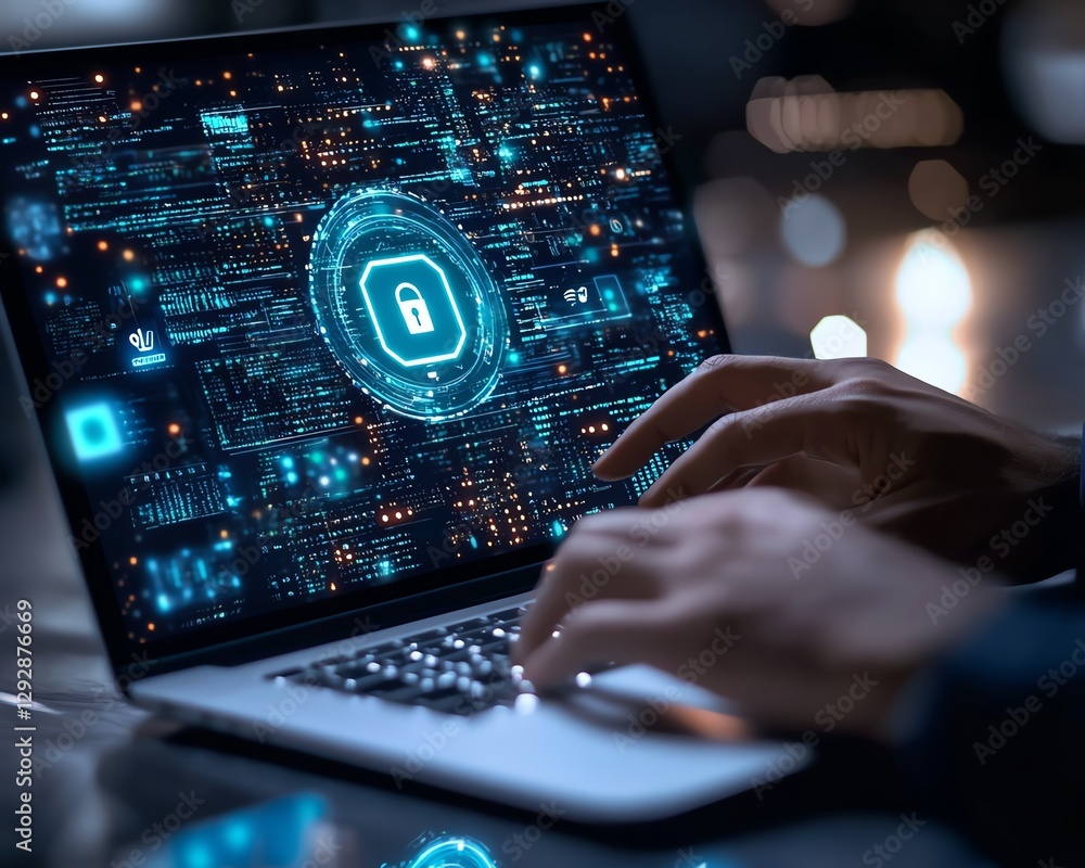Poster businessman using laptop to click security icon on virtual screen, focusing on data protection, priv