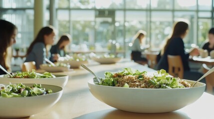 Naklejka premium School cafeteria with students eating mixed grain salads. Featuring grains, leafy greens, and protein toppings