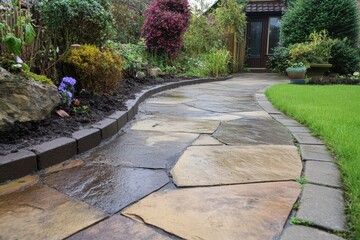 Fototapeta premium Garden pathway tiles interlock half clean and dirty post anti foam wash