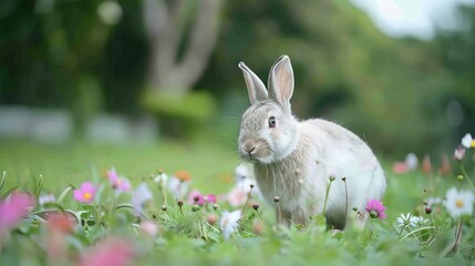 Close-up of a rabbit in blooming flowers serene wildlife photography scene