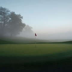 Obraz premium A Mysterious Golf Hole Concealed by Hazy Fog and Mist in the Peaceful Landscape