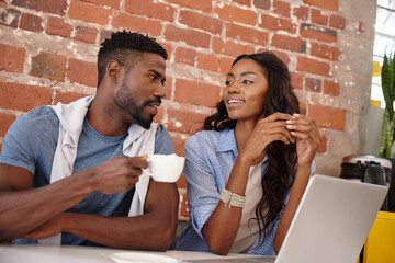 Happy, date and couple in coffee shop, bonding and conversation for relationship status or...