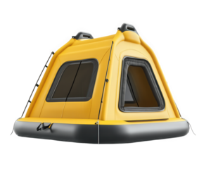floating camping tent designed for water adventures, featuring bright yellow exterior and multiple windows for ventilation. Ideal for outdoor enthusiasts seeking unique experiences