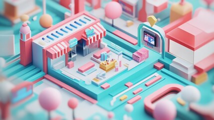 Fototapeta premium Miniature Shop Illustration: A whimsical, pastel-colored illustration of a charming miniature shop, complete with delightful details, creating a sense of playfulness and charm.