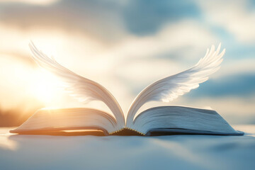 An open book with wings symbolizes freedom and the power of knowledge.