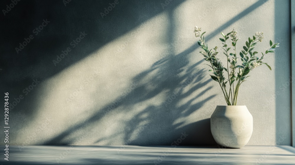 Aufkleber bright sunlight casts soft shadows on a vase with green plants in a minimalistic indoor space. gener