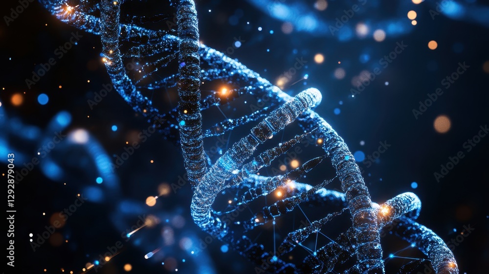 Poster abstract representation of dna double helix with blue lights and glowing particles in a dark backgro