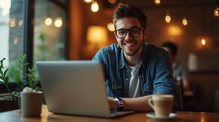 Fototapeta premium Man Smiling and using laptop in café, Man working on laptop